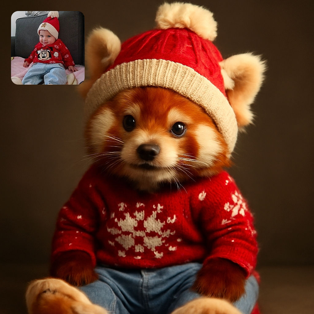 A cute baby wearing a festive red hat with a pom-pom and a red sweater featuring a holiday-themed Mickey Mouse design is sitting comfortably on a couch covered with a pink blanket. The baby has a mischievous smile and bright eyes, making the scene heartwarming and joyful.