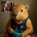 A charming toddler with a space-themed tank top is sitting comfortably on a couch, holding a light blue bowl, with a soft smile and slightly tilted head, while a casually dressed adult stands blurred in the background.