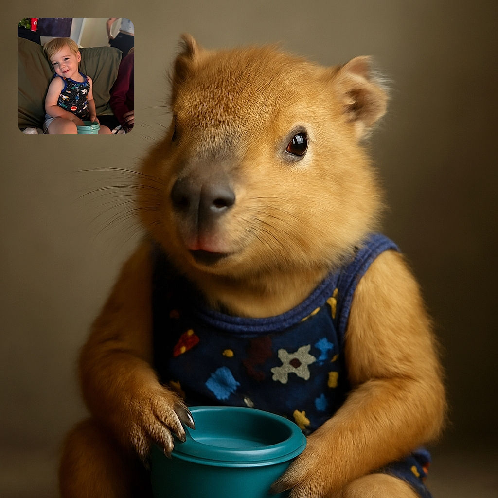 A charming toddler with a space-themed tank top is sitting comfortably on a couch, holding a light blue bowl, with a soft smile and slightly tilted head, while a casually dressed adult stands blurred in the background.