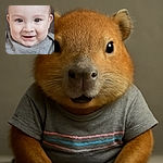 A close-up of a happy baby with bright eyes and a charming smile, dressed in a gray shirt with colorful stripes, sitting comfortably against a neutral background.
