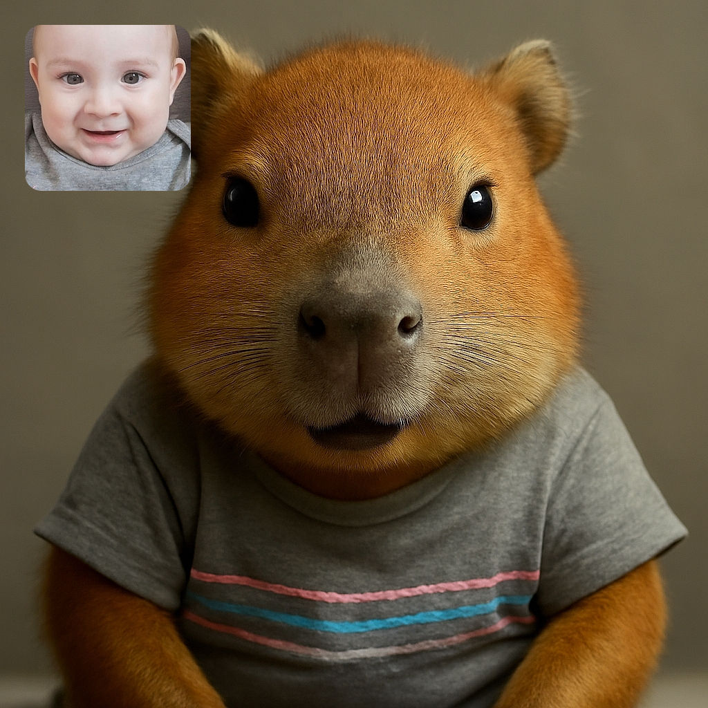 A close-up of a happy baby with bright eyes and a charming smile, dressed in a gray shirt with colorful stripes, sitting comfortably against a neutral background.
