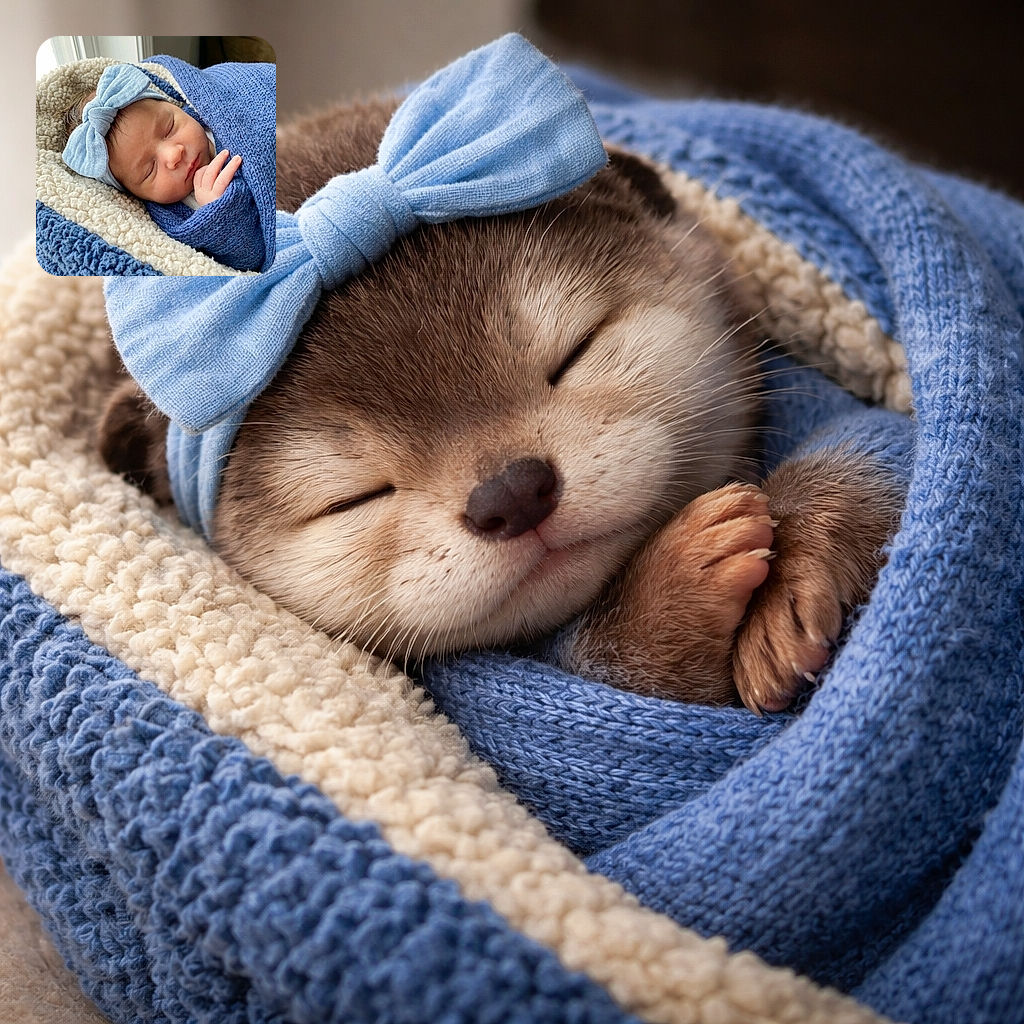A peacefully sleeping newborn wrapped snugly in a cozy blue knit blanket, sporting a cute blue bow headband, nestled in a soft, textured cream and blue cushion by the window with gentle natural light.