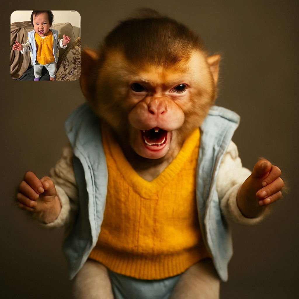 A tiny toddler stands on a couch with a fierce and funny expression, wearing a bright yellow sweater vest and mismatched socks, ready to conquer the living room kingdom.