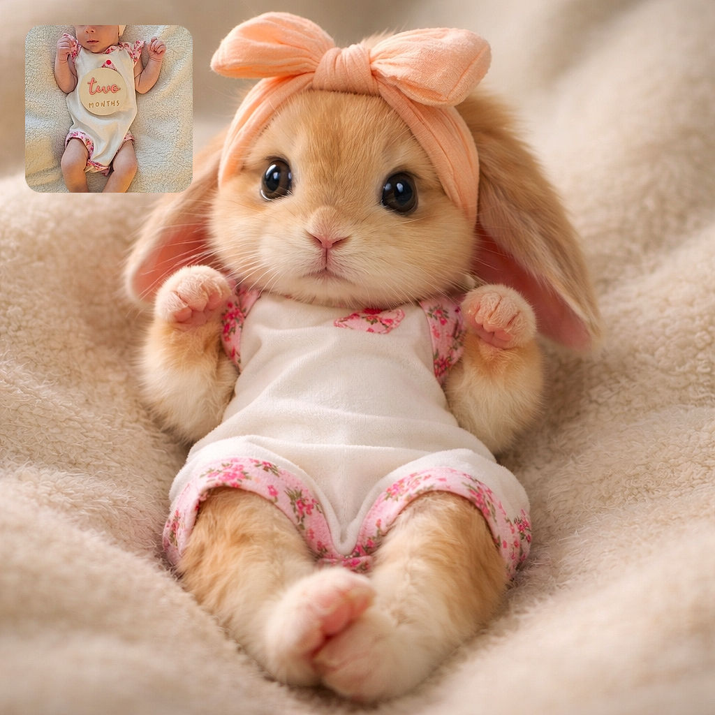 A cute baby wearing a soft headband and a onesie with a wooden plaque that says 'two months' is lying on a fluffy blanket, looking curiously at the camera with wide eyes and tiny fists raised.