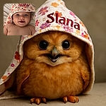 A cheerful baby wrapped in a floral towel with the name 'Slana' embroidered on it, smiling widely and lying on a soft textured surface, radiating pure joy and innocence.