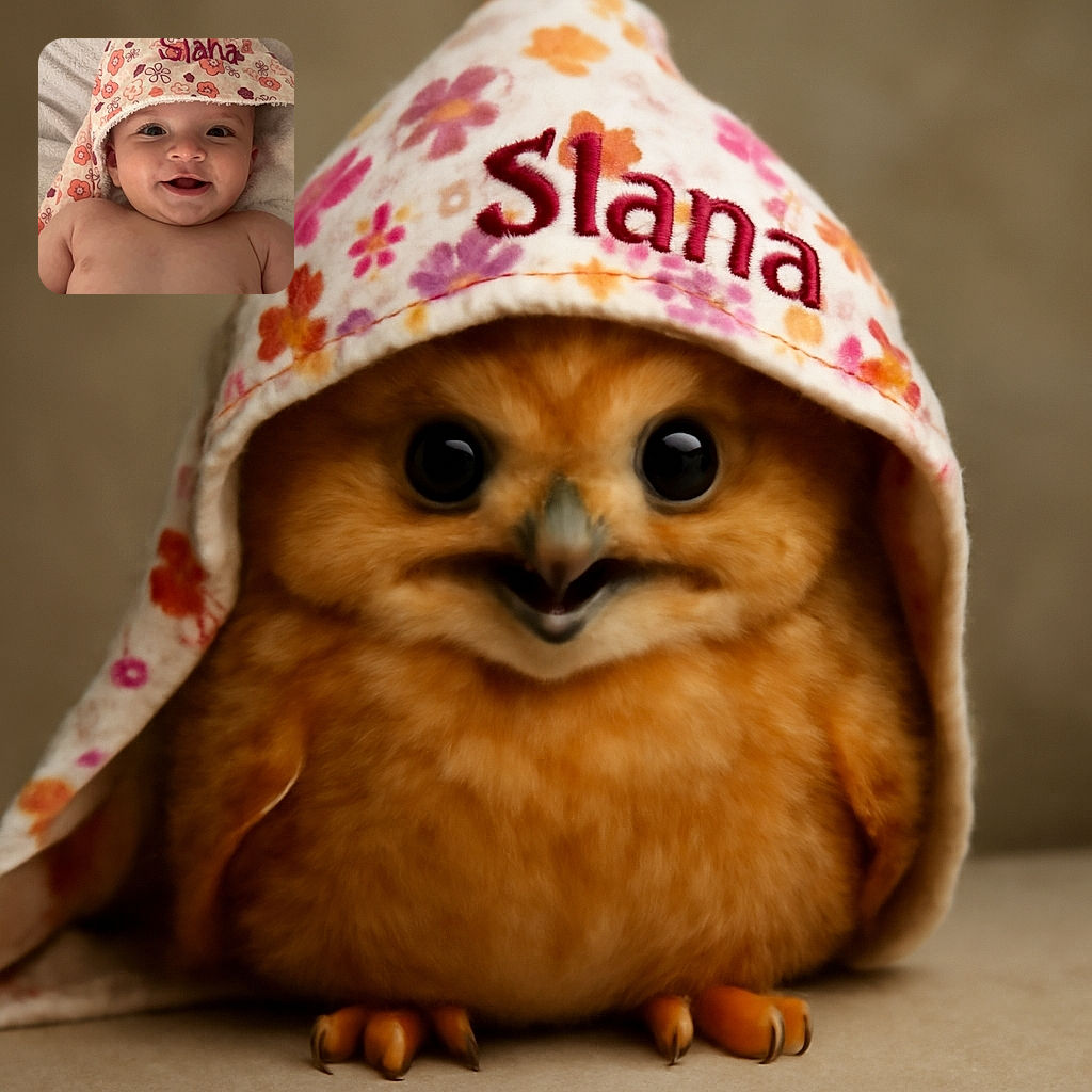 A cheerful baby wrapped in a floral towel with the name 'Slana' embroidered on it, smiling widely and lying on a soft textured surface, radiating pure joy and innocence.