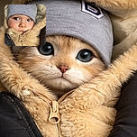 A close-up of an adorable baby bundled up in a fuzzy beige jacket with a zipper and a cozy gray knit hat, eyes wide open and looking to the side as if spotting a secret squirrel.