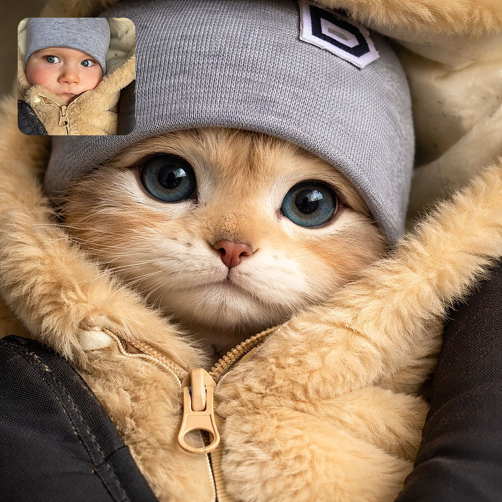 A close-up of an adorable baby bundled up in a fuzzy beige jacket with a zipper and a cozy gray knit hat, eyes wide open and looking to the side as if spotting a secret squirrel.