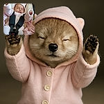 A peacefully sleeping baby dressed in a cozy pink knitted outfit with a hood, strapped securely in a car seat. The baby’s arms are raised as if in prayer, matching the humorous French text overlay that says 'Elle fait la prière' with a laughing emoji. The soft blankets and gentle lighting add to the warm, serene vibe of the photo.