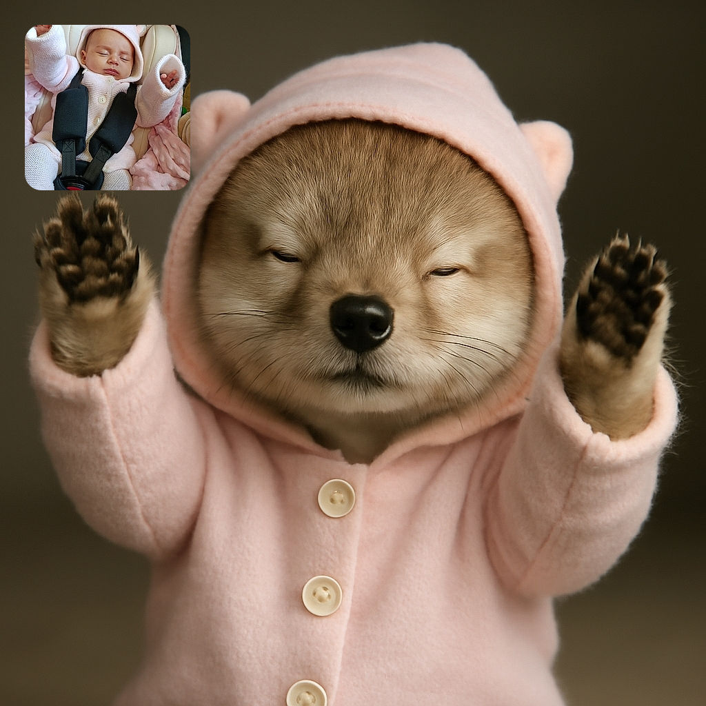 A peacefully sleeping baby dressed in a cozy pink knitted outfit with a hood, strapped securely in a car seat. The baby’s arms are raised as if in prayer, matching the humorous French text overlay that says 'Elle fait la prière' with a laughing emoji. The soft blankets and gentle lighting add to the warm, serene vibe of the photo.