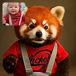 A happy baby secured in a Mickey Mouse themed baby seat, wearing a red shirt with 'Mickey' written on it, smiling warmly at the camera with a cozy blanket tucked beside them.