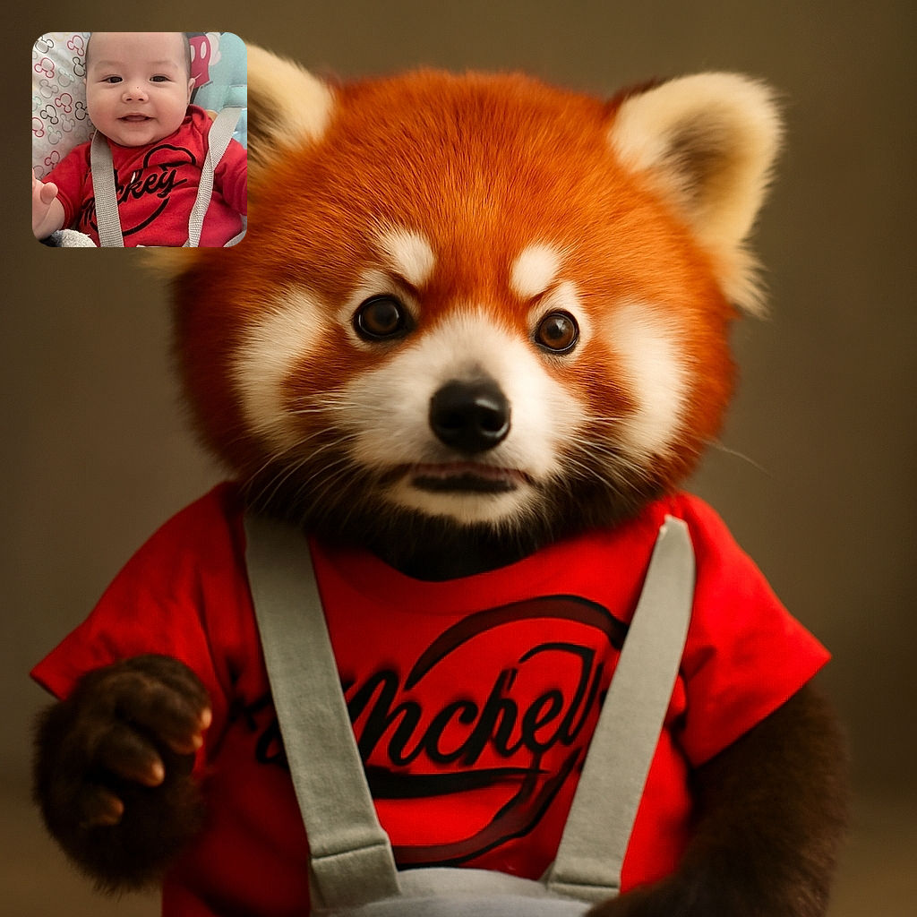 A happy baby secured in a Mickey Mouse themed baby seat, wearing a red shirt with 'Mickey' written on it, smiling warmly at the camera with a cozy blanket tucked beside them.