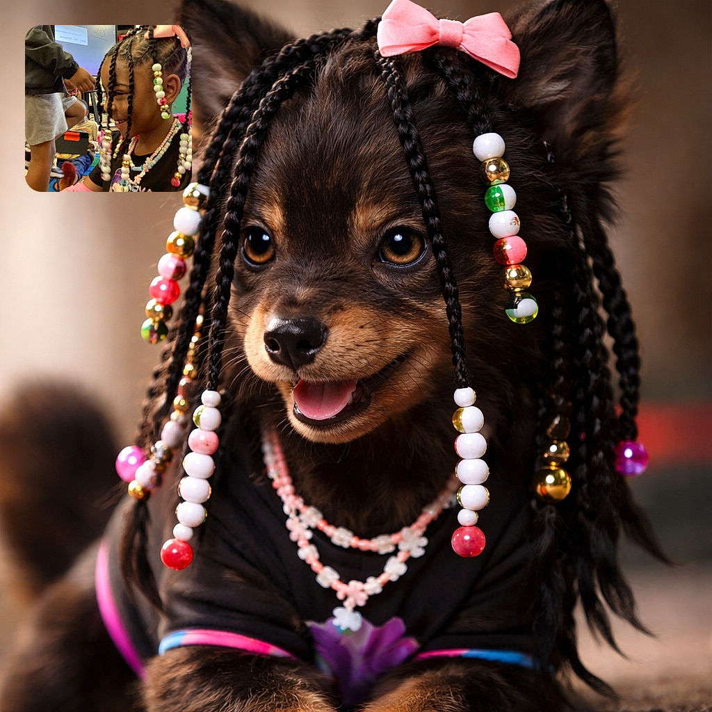 A joyful young girl with colorful beads in her braided hair and matching necklaces beams with a big smile in a lively classroom setting, surrounded by other children and educational materials.