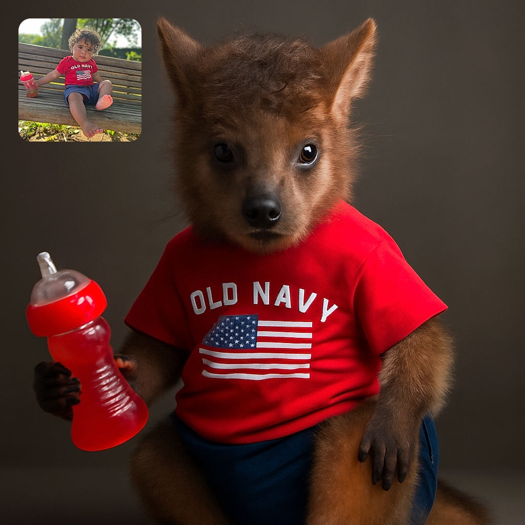 A cute toddler with curly hair chilling on a wooden park bench, wearing a bright red Old Navy shirt and blue shorts, holding a red sippy cup, with one foot playfully stretched out towards the camera, all under warm natural sunlight and a leafy green backdrop.