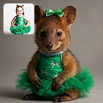 A cheerful little girl dressed in a sparkling green tutu and star-patterned top kneels confidently on a white backdrop, sporting a playful double bun hairstyle with a matching green bow. Her hands on her hips and a slight smile make her look like a tiny dance star ready to twirl into the spotlight.