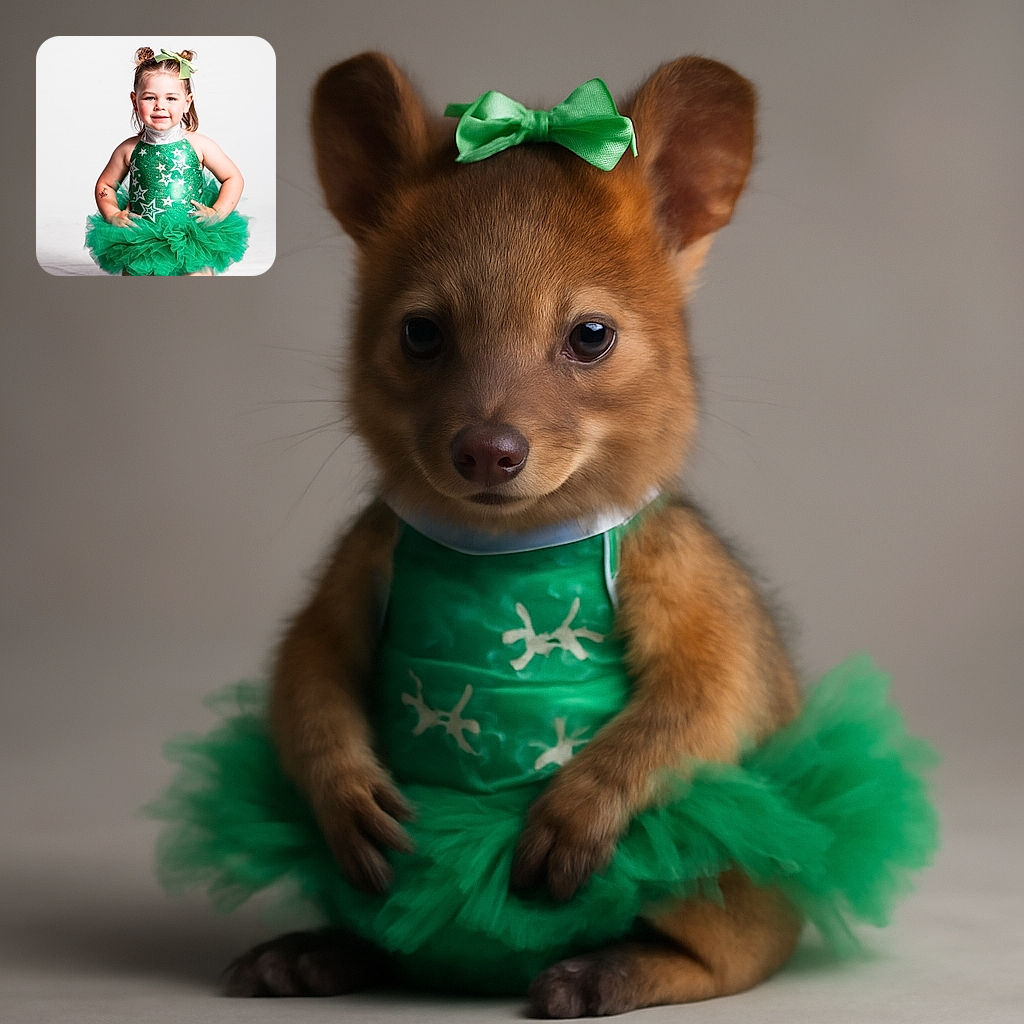 A cheerful little girl dressed in a sparkling green tutu and star-patterned top kneels confidently on a white backdrop, sporting a playful double bun hairstyle with a matching green bow. Her hands on her hips and a slight smile make her look like a tiny dance star ready to twirl into the spotlight.