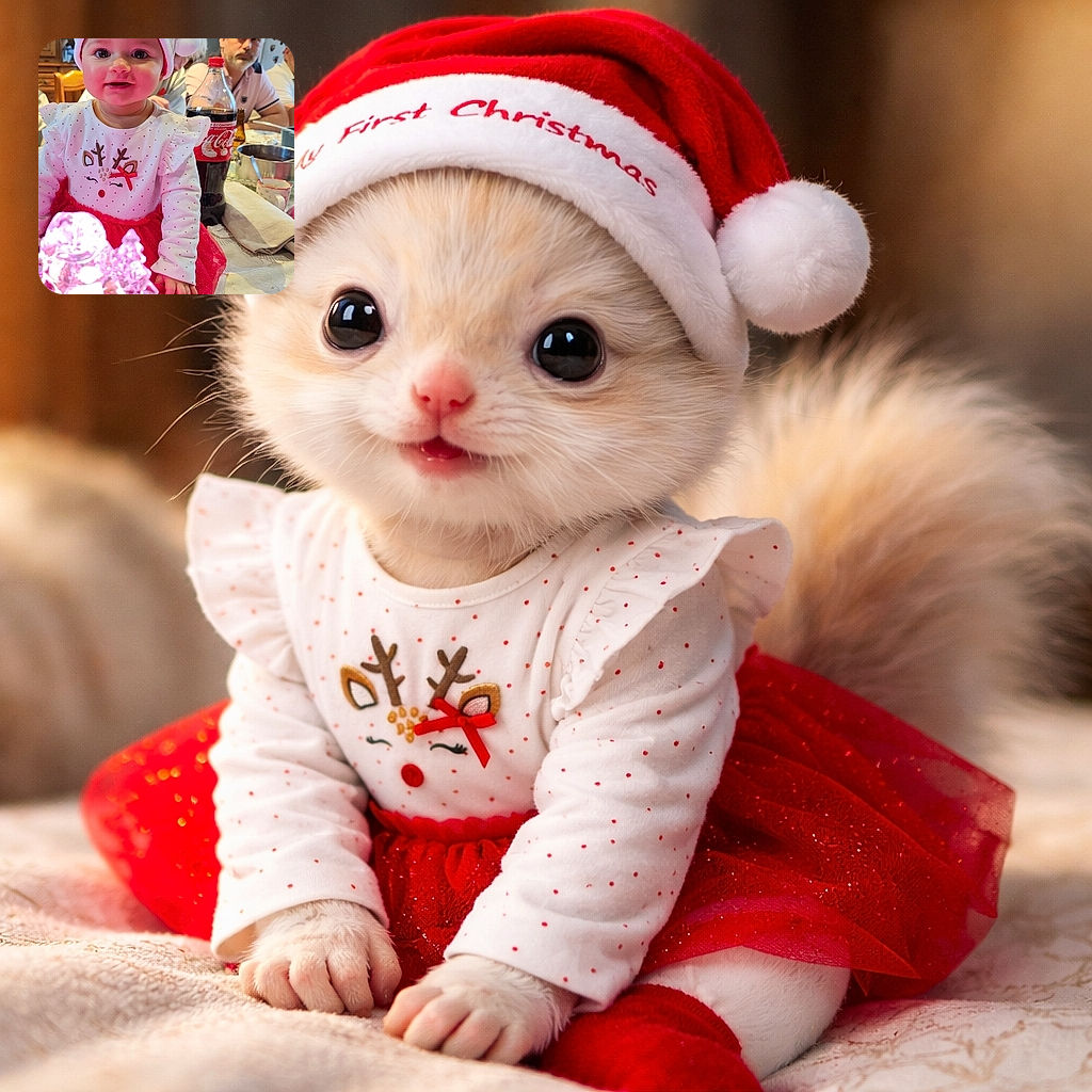 A rosy-cheeked baby in a Santa hat steals the show, staring wide-eyed at a glowing pink decoration while adults, a Coke bottle, and dinner paraphernalia form the blurry background — holiday chaos, 0 to cute in 1.2 seconds.