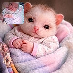 A sleepy newborn bundled in pink—cloud‑print onesie, fluffy blanket and tiny clasped hands—stares at the camera like a tiny, judgmental philosopher while a protective arm cradles the head and a cozy jumble of blankets fills the background.