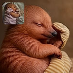 A peaceful baby snoozes soundly, wrapped in cozy striped mittens and a matching onesie, nestled on a soft blanket that looks perfect for sweet dreams.