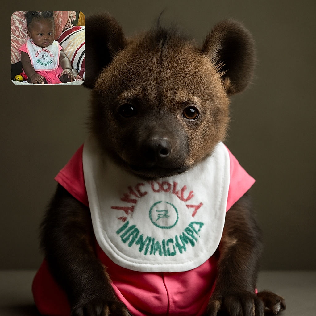A cute toddler with two puff ponytails sits comfortably on a couch surrounded by patterned cushions, wearing a bib that says 'Let's Meet at Midnight' and a pink outfit, looking curiously at the camera with a slight pout.