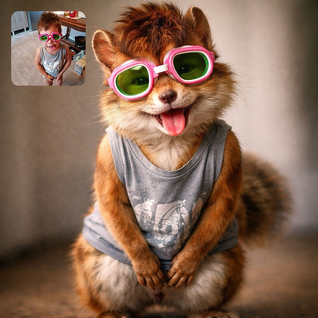 A mischievous little kid sporting oversized pink-and-green goggles, tongue out and smeared with snack evidence, posing like a tiny, defiant superhero in the middle of a cluttered kitchen.