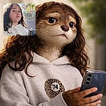 A young girl with curly hair wearing a light hoodie looks skeptically at the camera while holding a smartphone, with a sunny window and leafy trees in the background, capturing a candid moment of mild suspicion or curiosity.