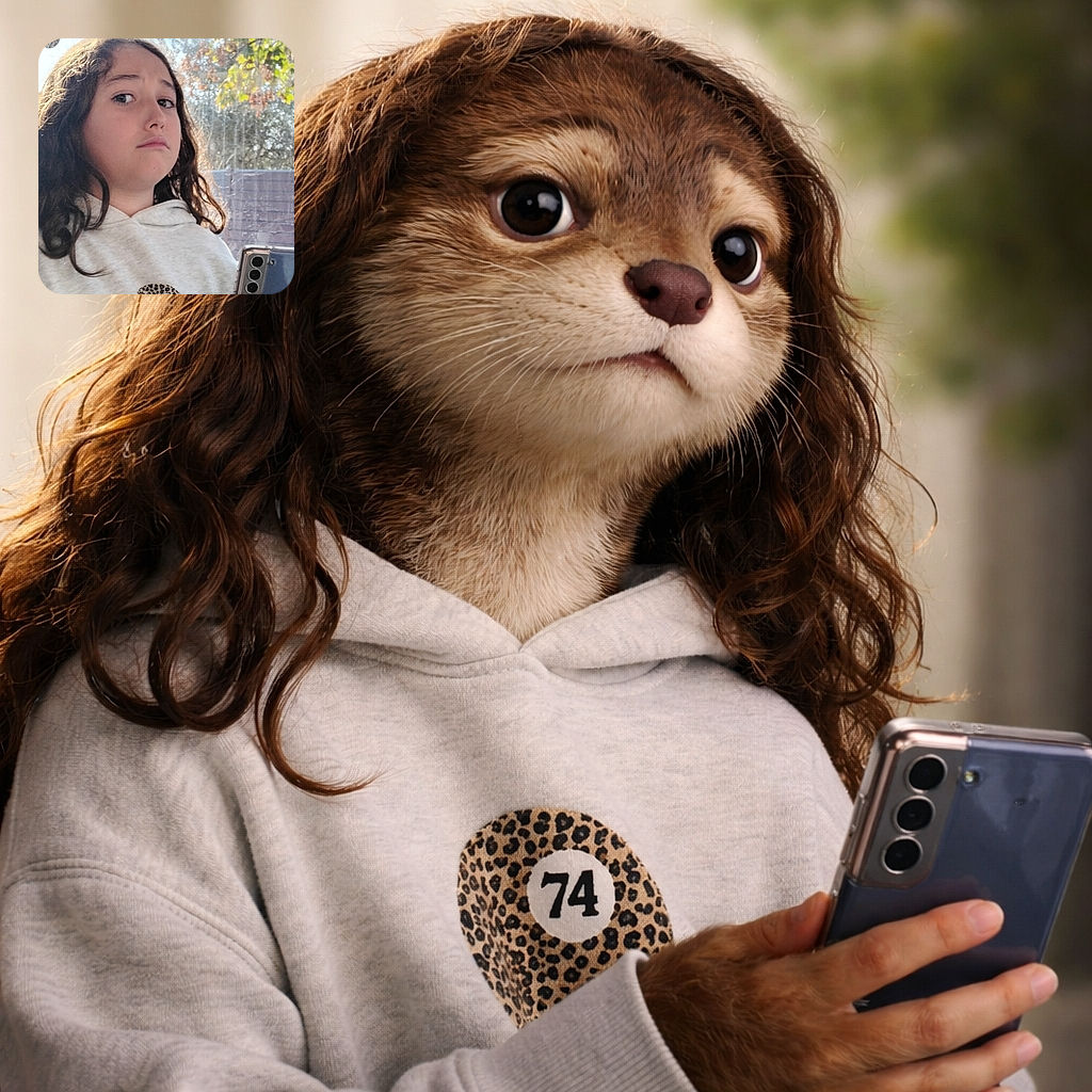 A young girl with curly hair wearing a light hoodie looks skeptically at the camera while holding a smartphone, with a sunny window and leafy trees in the background, capturing a candid moment of mild suspicion or curiosity.