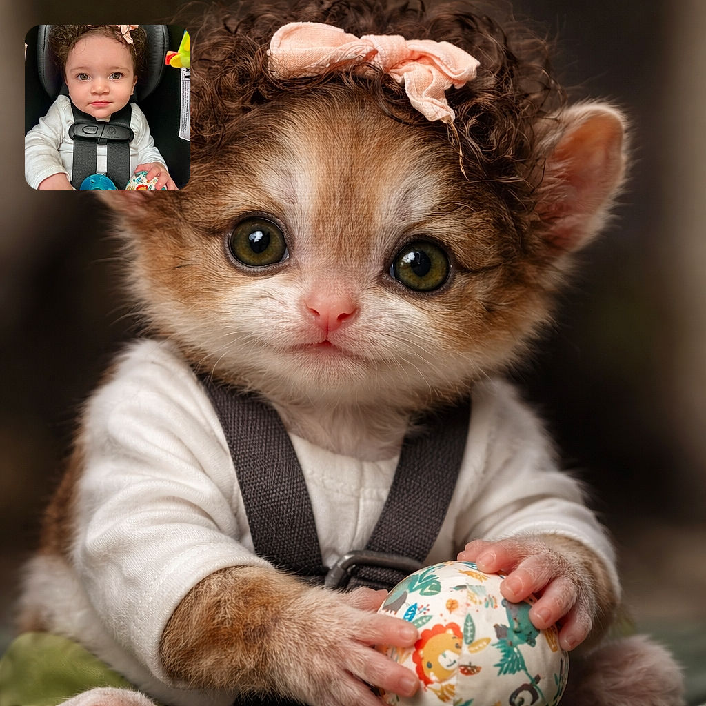 A wide-eyed baby stares up at the camera from a snug car seat, sporting a peach bow and a suspiciously photogenic pout. The little one is securely buckled, clutching a colorful patterned ball and a pacifier nearby, while curly hair forms a tiny halo — equal parts cherub and tiny road-trip commander.