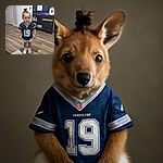 A cute toddler with a top knot hairstyle stands confidently in a navy blue NFL jersey and white shorts, looking directly at the camera in a cozy indoor setting with wooden floors and a TV cabinet in the background.