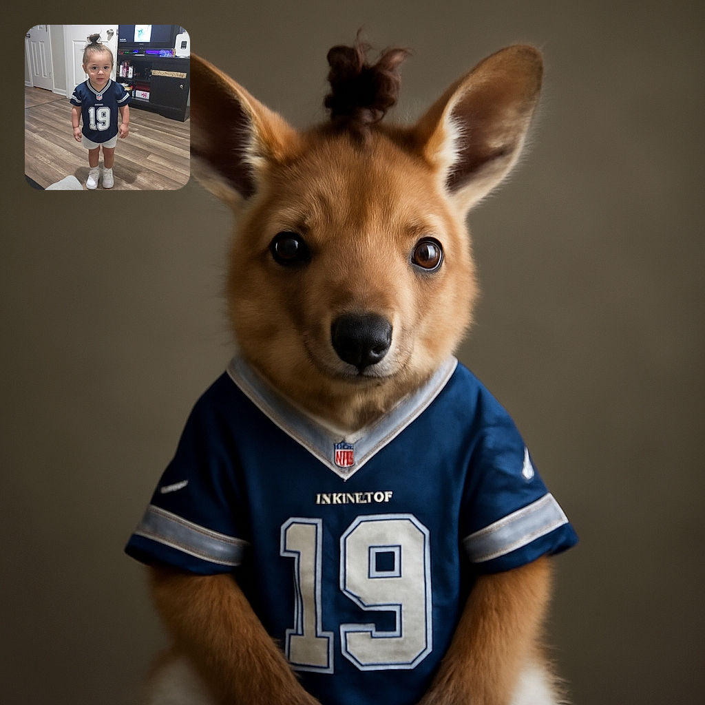 A cute toddler with a top knot hairstyle stands confidently in a navy blue NFL jersey and white shorts, looking directly at the camera in a cozy indoor setting with wooden floors and a TV cabinet in the background.