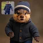 A joyful toddler bundled up in a cozy knit sweater and hat is happily toddling down a gravel path in a serene countryside setting under a cloudy sky.