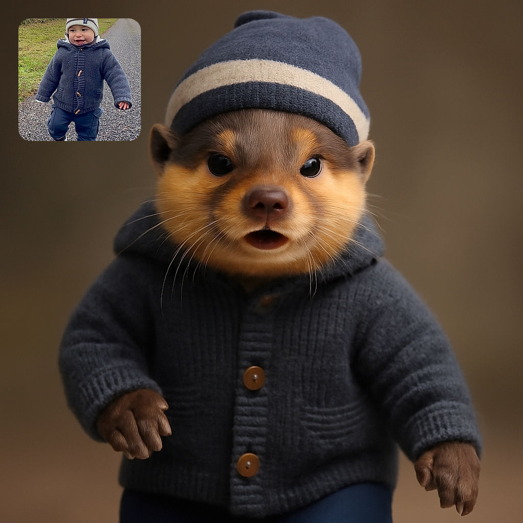 A joyful toddler bundled up in a cozy knit sweater and hat is happily toddling down a gravel path in a serene countryside setting under a cloudy sky.