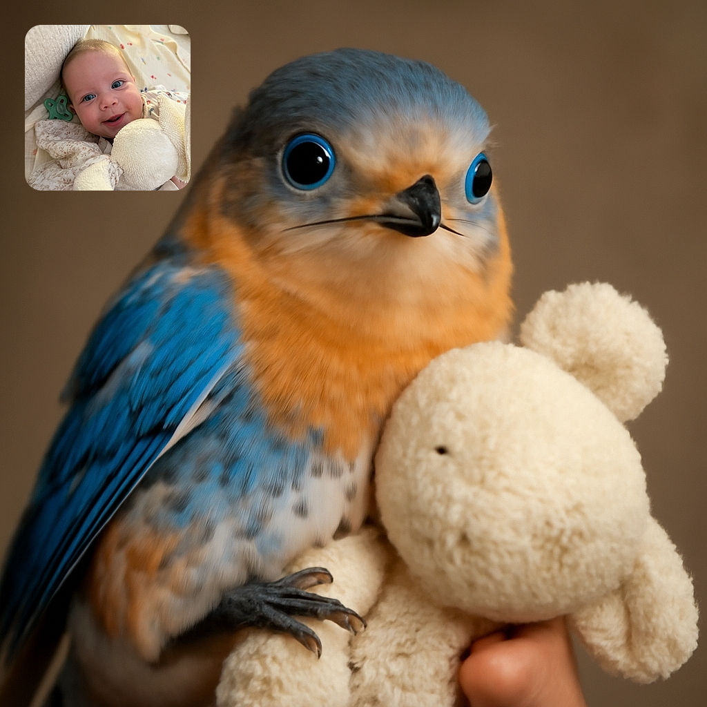 A delightful baby with sparkling blue eyes smiles widely while snuggled in cozy blankets, clutching a soft plush toy. The warm, gentle lighting and soft textures create a heartwarming and peaceful atmosphere.