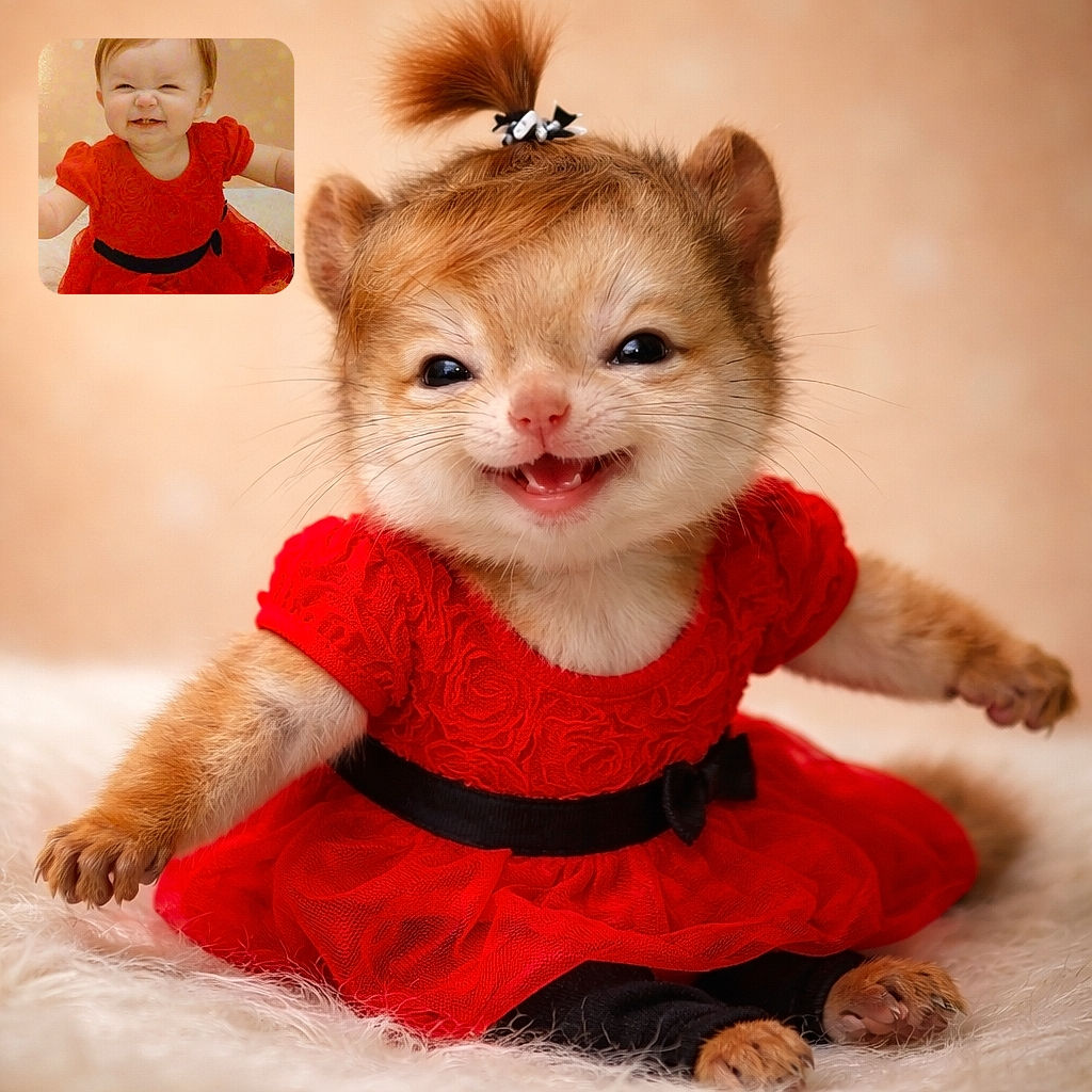 A joyful baby girl with a tiny ponytail is gleefully scrunching her face in an adorable smile, dressed in a bright red dress with a black belt, sitting on a fluffy white surface against a softly patterned beige background.