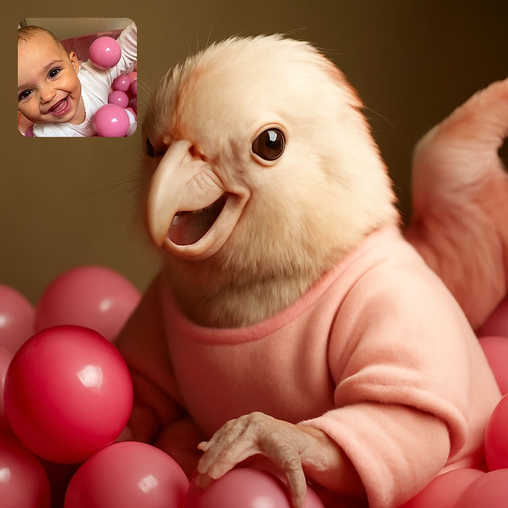 A joyful baby with sparkling eyes and a wide smile is surrounded by a sea of pink and peach plastic balls, looking like the happiest little explorer in a colorful ball pit.