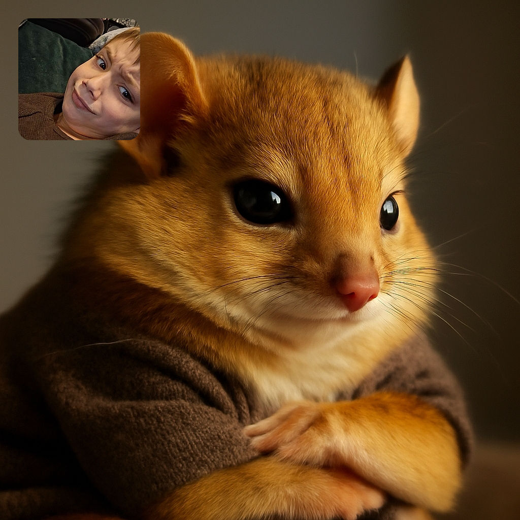 A close-up selfie of a young child making a confused or skeptical face while lounging on a green couch with a brown sweater, surrounded by cozy home decor including a clock and some shelves in the background.