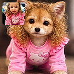 A cute little girl with curly blonde hair wearing a bright pink Hello Kitty outfit stares curiously into the camera, her big eyes sparkling with innocence and wonder. The background is softly blurred, making her the undeniable star of the photo.