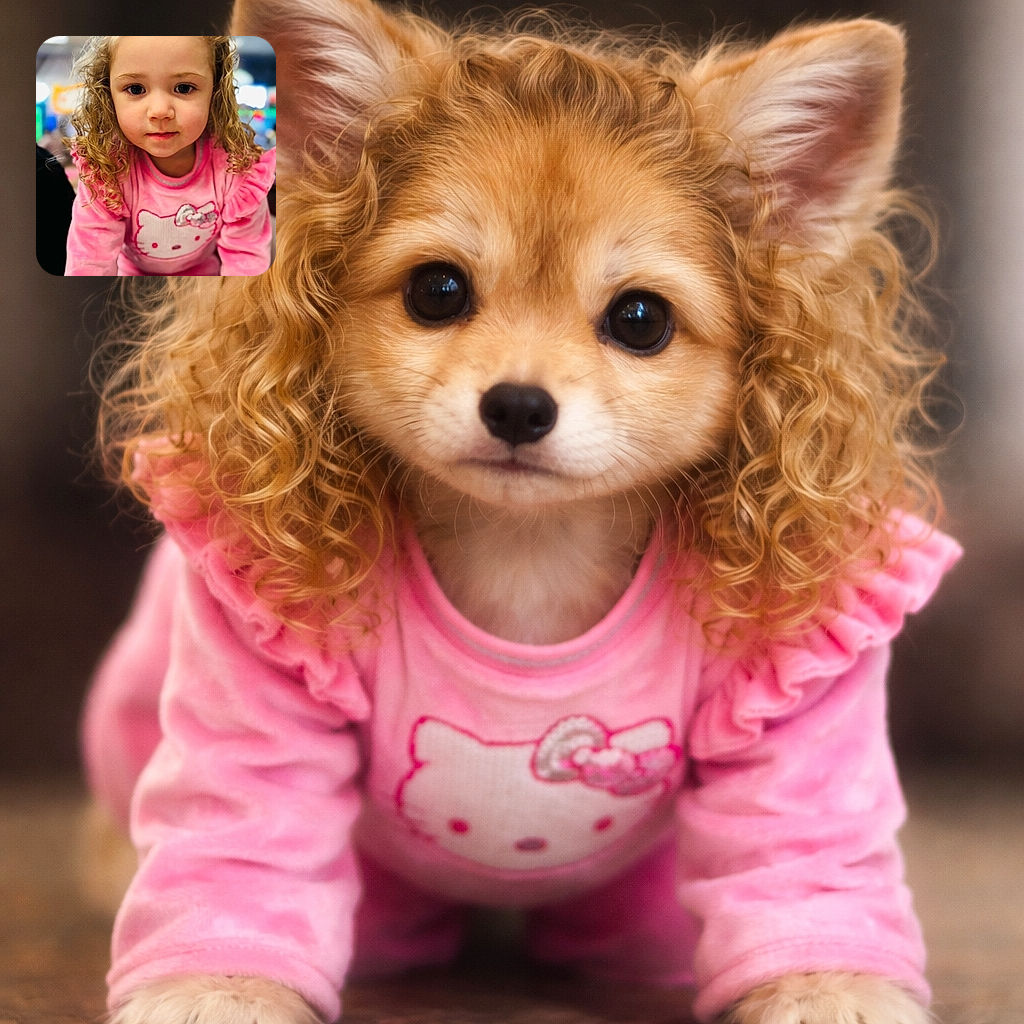 A cute little girl with curly blonde hair wearing a bright pink Hello Kitty outfit stares curiously into the camera, her big eyes sparkling with innocence and wonder. The background is softly blurred, making her the undeniable star of the photo.
