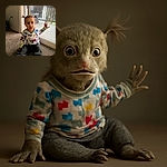 A toddler with playful pigtails sits on a carpeted floor near a sliding glass door, wearing colorful dinosaur pajamas and looking surprised or mid-sentence with one hand raised as if trying to explain something important to an invisible audience.