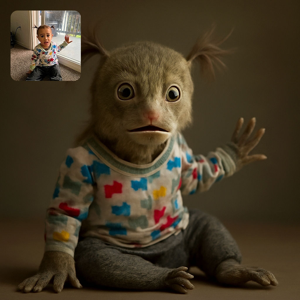 A toddler with playful pigtails sits on a carpeted floor near a sliding glass door, wearing colorful dinosaur pajamas and looking surprised or mid-sentence with one hand raised as if trying to explain something important to an invisible audience.