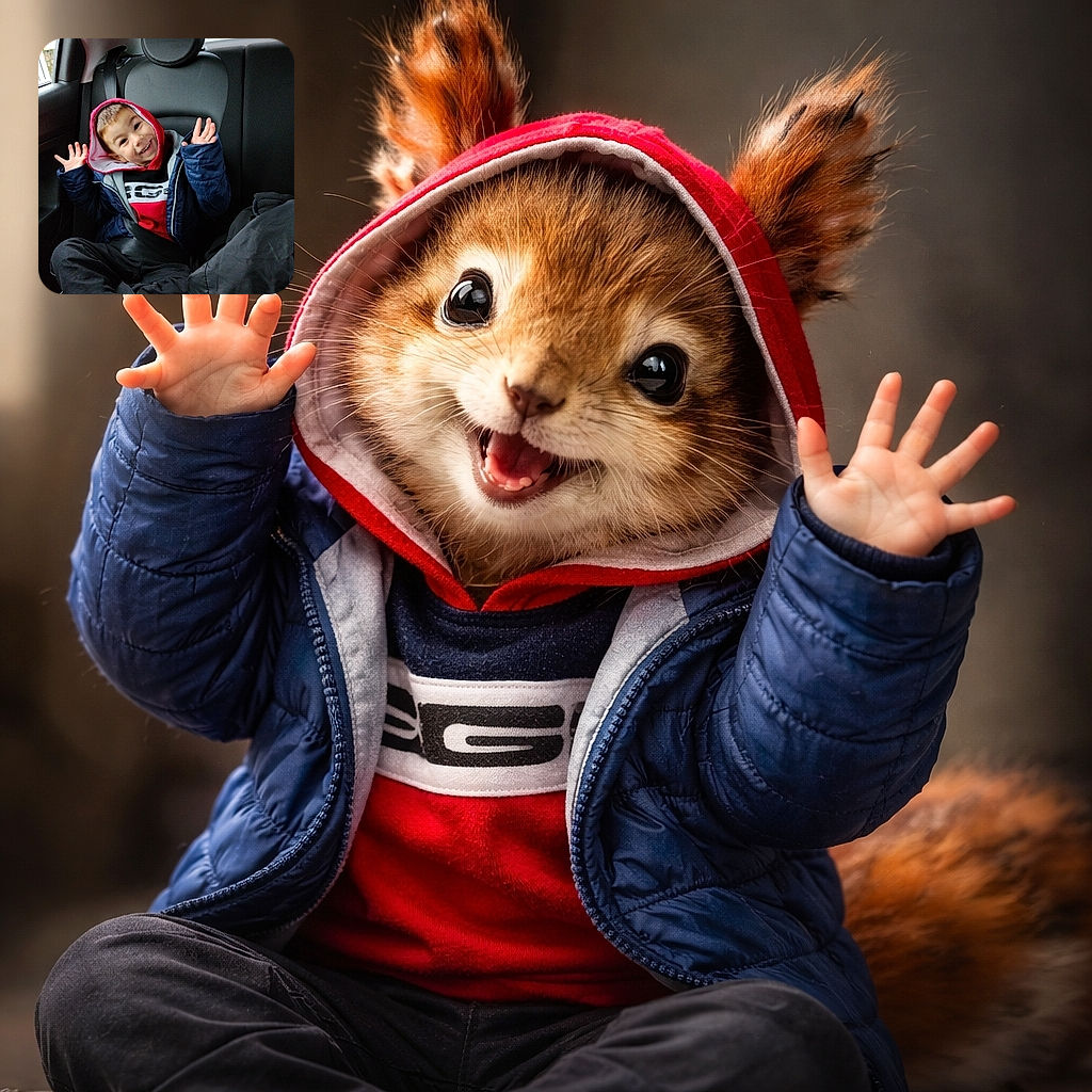 A gleeful kiddo in a red-hooded sweatshirt is making a goofy 'ta-da!' face in the backseat, hands up like they just discovered invisible confetti — the car window shows a rainy day outside while this tiny performer steals the show.