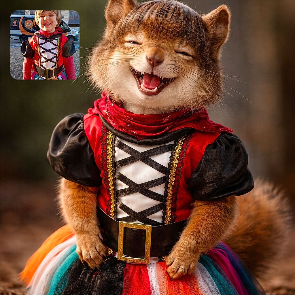 A grinning kid in a colorful pirate-princess costume squints into the sun with a gap-toothed smile, dramatic bangs, and a belt that demands attention while a transit van casually photobombs the street behind them.