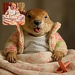 A cheerful baby bundled up in a colorful fuzzy jacket and cozy pink blanket, smiling wide with a pacifier resting nearby, all set against a warm, patterned brown backdrop.