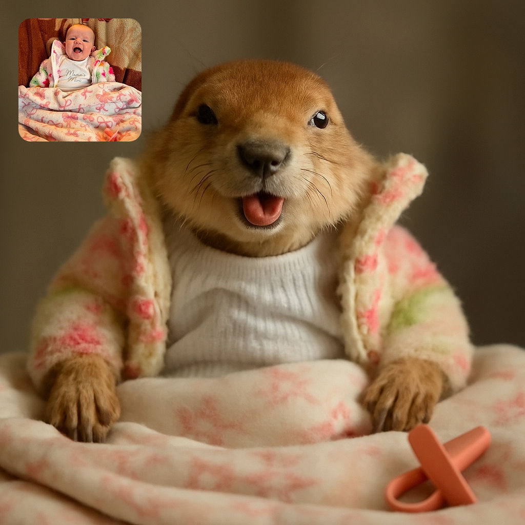 A cheerful baby bundled up in a colorful fuzzy jacket and cozy pink blanket, smiling wide with a pacifier resting nearby, all set against a warm, patterned brown backdrop.