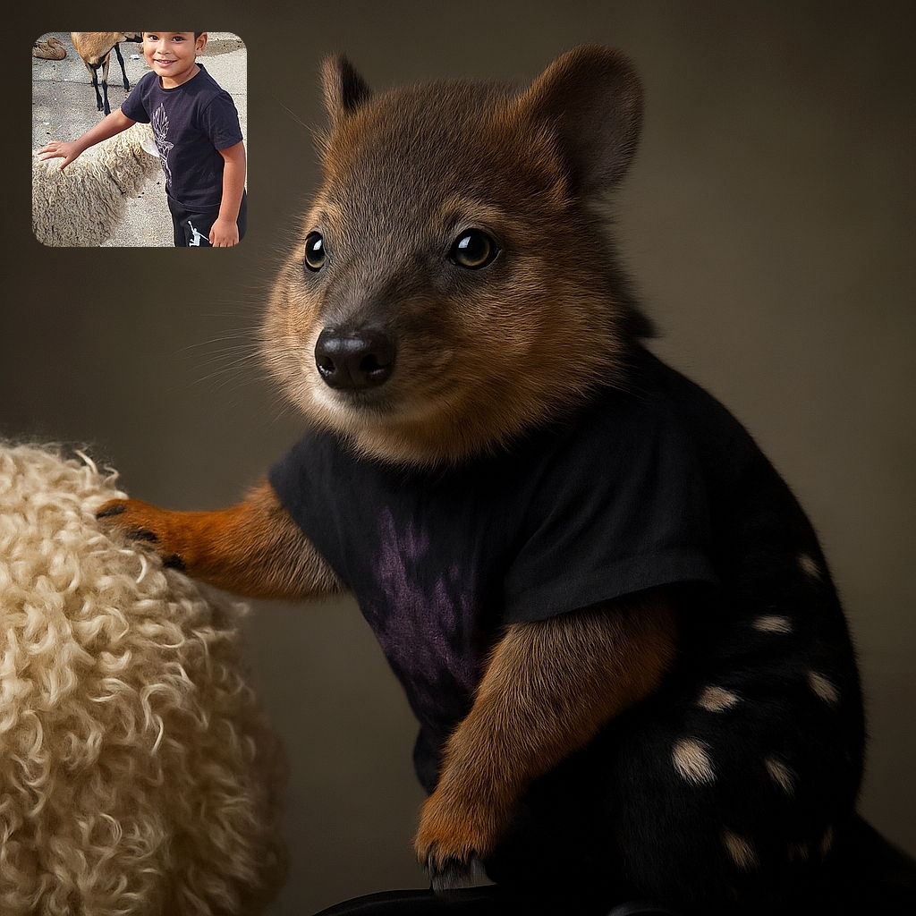 A cheerful young boy is happily petting a fluffy sheep in an outdoor petting zoo, surrounded by a variety of friendly farm animals like ducks, geese, and a goat, with a wooden fence and greenery in the background.