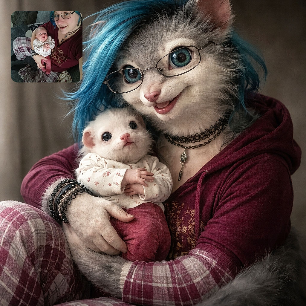 A cheerful selfie of an adult cradling a wide‑eyed newborn — the baby is making a dramatic tiny‑philosopher face while the adult grins with blue streaks in their hair, cozy plaid PJs, and a couch fort in the background.