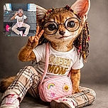 A cheerful young child sits confidently on wooden steps in front of a door, flashing a peace sign with oversized playful glasses and a pink purse decorated with colorful patches. The scene is lively with a bright pink pinwheel and blue garlands adding a splash of fun to the rustic outdoor setting.