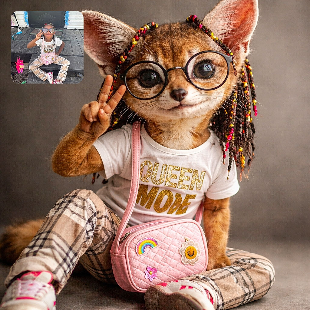 A cheerful young child sits confidently on wooden steps in front of a door, flashing a peace sign with oversized playful glasses and a pink purse decorated with colorful patches. The scene is lively with a bright pink pinwheel and blue garlands adding a splash of fun to the rustic outdoor setting.