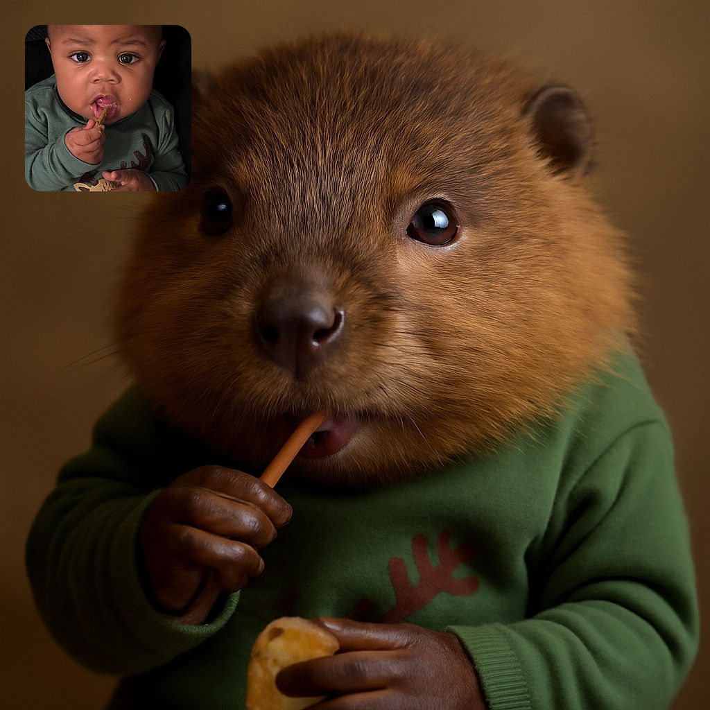 A close-up shot of an adorable baby in a green sweater with a reindeer print, intensely focused on munching a snack with their tiny hands, big curious eyes shining bright like little mirrors.