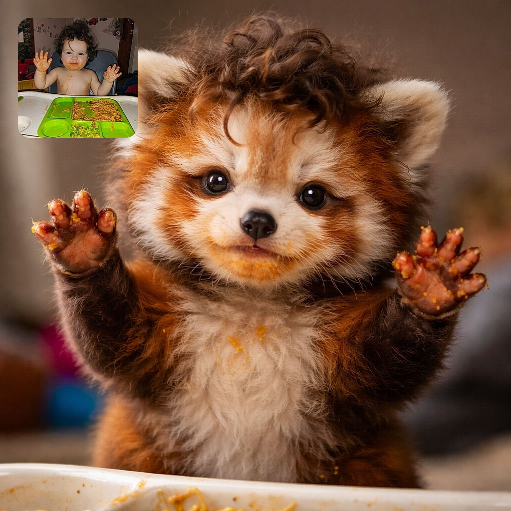 A triumphant little pasta warrior sitting in a highchair, hands raised like they’ve conquered dinner — face and fingers gloriously smeared with spaghetti sauce while a bright green divided tray bears the remains of the feast.
